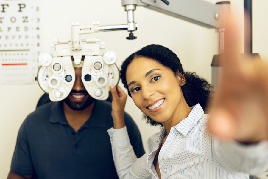 Eye exam being given to a patient.