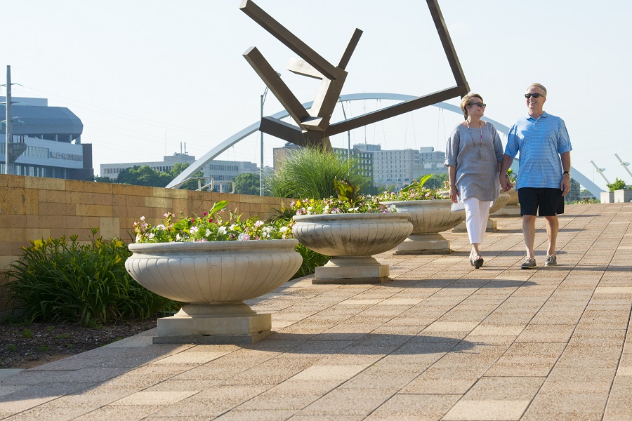 Couple walking on a bridge