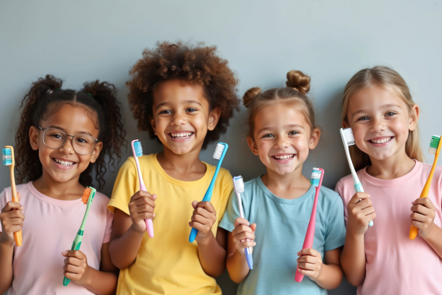 four children smiling and holding toothbrushes