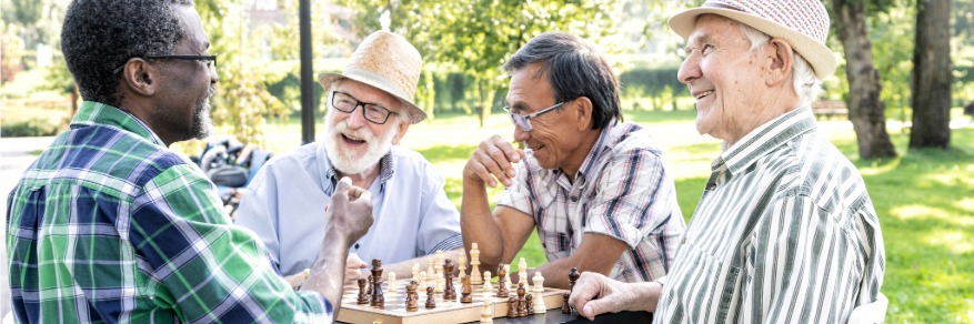 Men playing chess in park