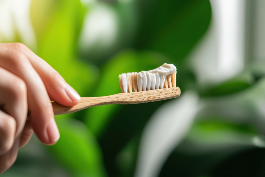 bamboo toothbrush with vegan toothpaste